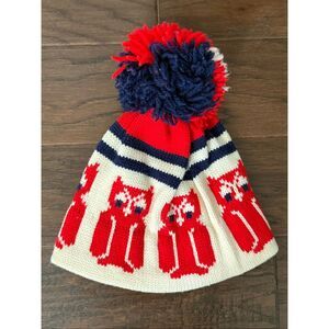 Vintage Aris New York 100% Wool Ski Hat Red White Blue Owl Beanie Pom 70’s/80’s